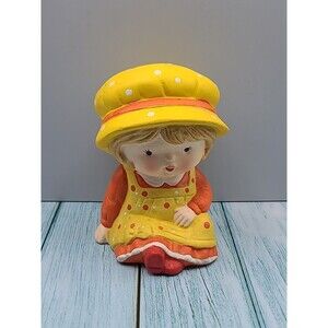 Vintage Ceramic Coin Bank Doll Little Girl Orange Yellow Polka Dot Dress and Hat